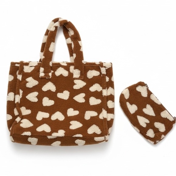 Anthropologie Brown Heart Sherpa Faux Fur Tote & Pouch Set